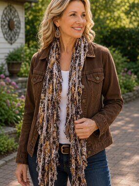 Brown Gold White Floral Flutter Scarf Lightweight Women Accessory